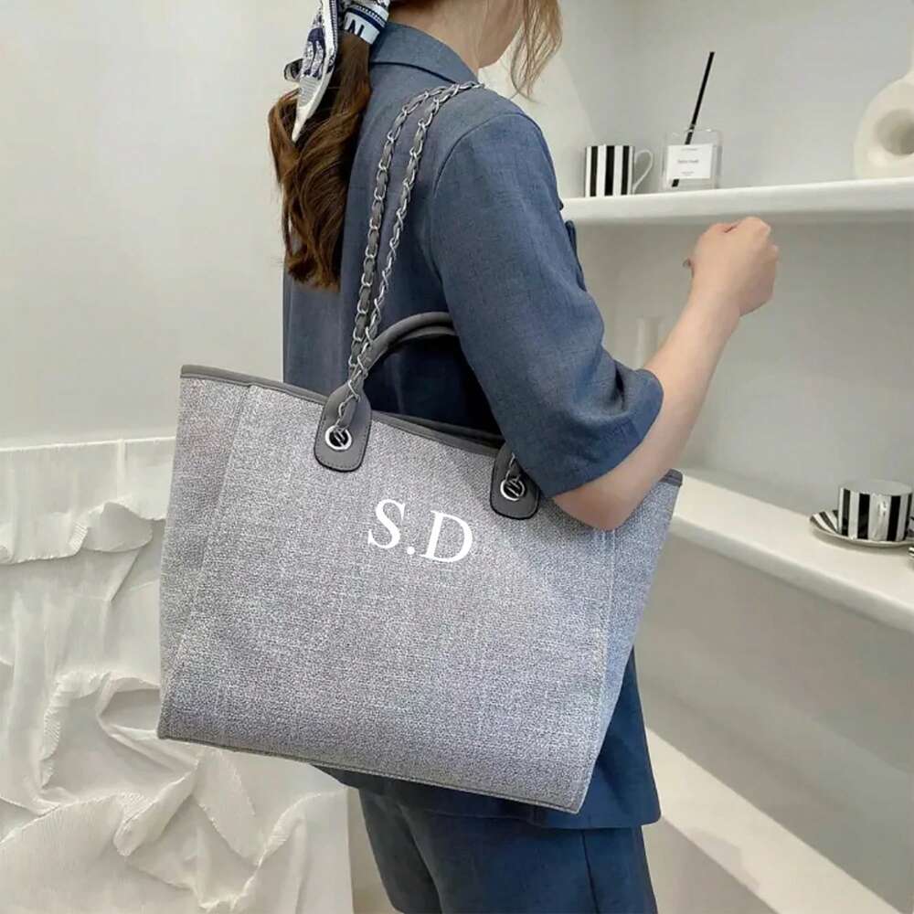 Women's Custom Monogram Canvas Tote Bag Light Grey Beige Chain Shoulder Purse Personalised Handbag Casual School Office Graduation Gift