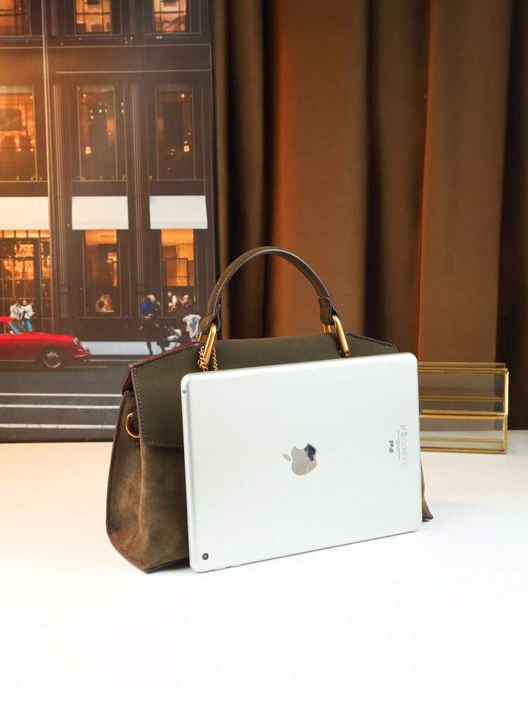 Women's Vintage Flap Envelope Handbag Faux Suede Fabric Mature Elegant Shoulder Purse With Nameplate Charm Minimalist Commuter Bag