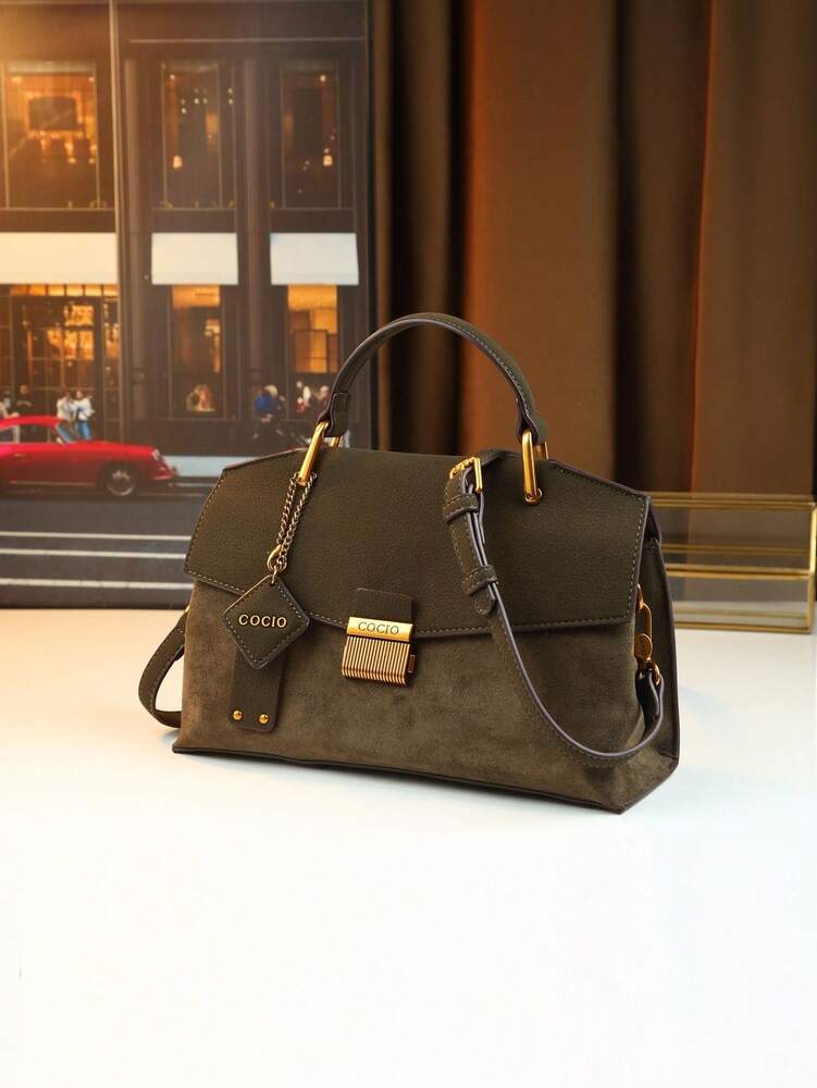 Women's Vintage Flap Envelope Handbag Faux Suede Fabric Mature Elegant Shoulder Purse With Nameplate Charm Minimalist Commuter Bag