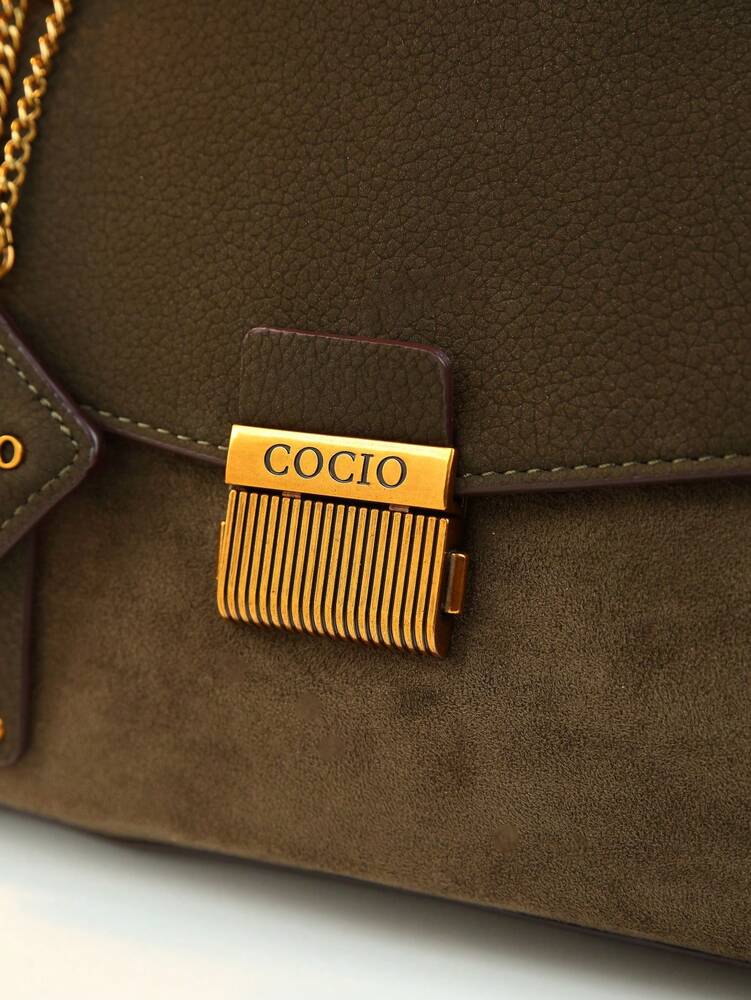 Women's Vintage Flap Envelope Handbag Faux Suede Fabric Mature Elegant Shoulder Purse With Nameplate Charm Minimalist Commuter Bag