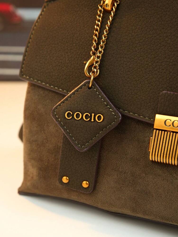 Women's Vintage Flap Envelope Handbag Faux Suede Fabric Mature Elegant Shoulder Purse With Nameplate Charm Minimalist Commuter Bag