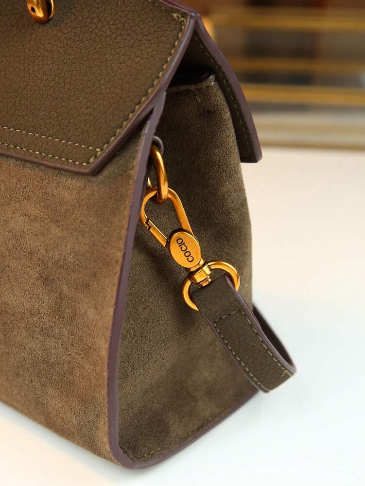 Women's Vintage Flap Envelope Handbag Faux Suede Fabric Mature Elegant Shoulder Purse With Nameplate Charm Minimalist Commuter Bag