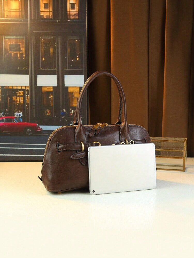 Women's Retro Seashell Leather Handbag Top Grain Vegetable Tanned Shoulder Tote Bag 2024 Vintage Fashion Elegant Commuter Casual Purse