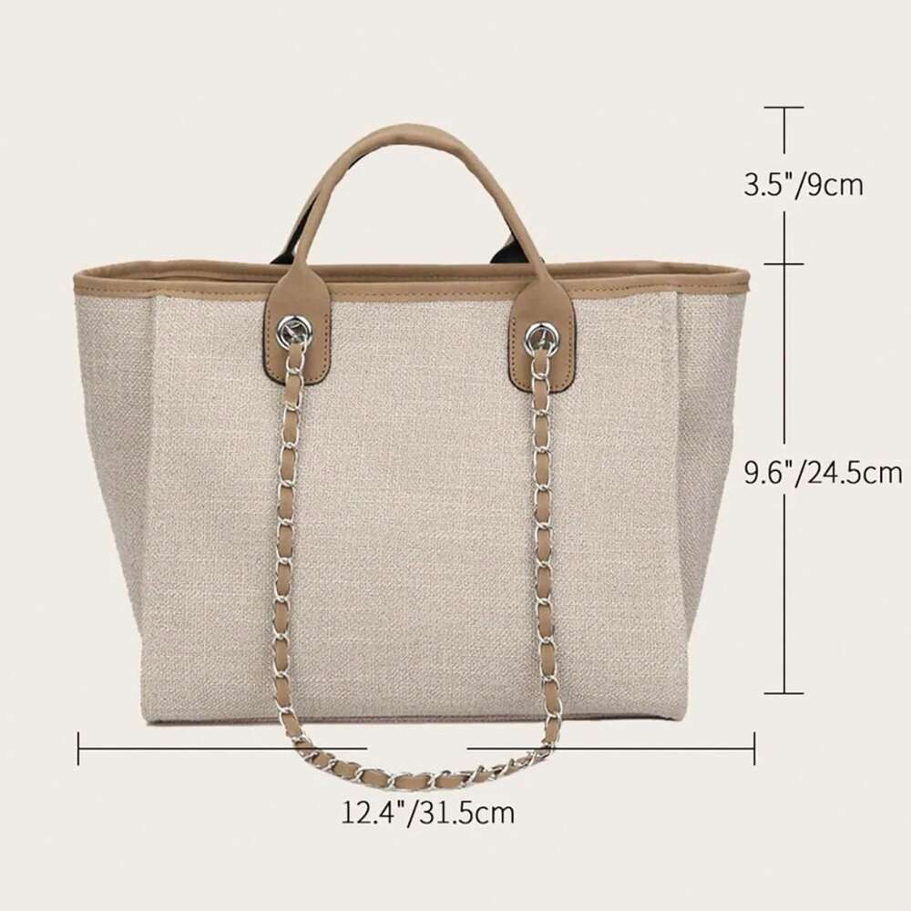 Women's Custom Monogram Canvas Tote Bag Light Grey Beige Chain Shoulder Purse Personalised Handbag Casual School Office Graduation Gift
