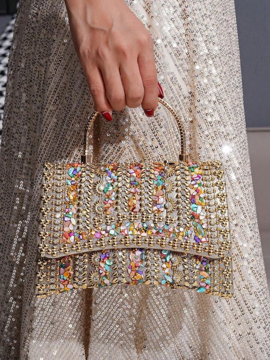 Glitter Beaded Patchwork Evening Clutch Elegant Cocktail Party Handbag Versatile Fashion Purse Formal Small Bag For Special Occasions