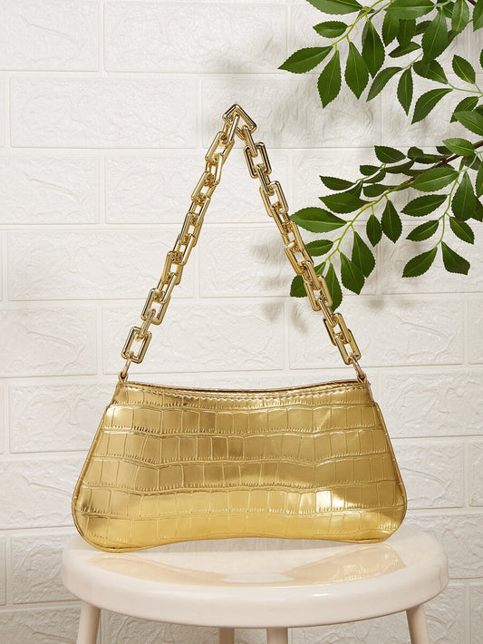 Neon Yellow Snake Skin Pattern Underarm Baguette Bag With Gold Chain Decor Bright Color Shoulder Purse Trendy Evening Party Handbag