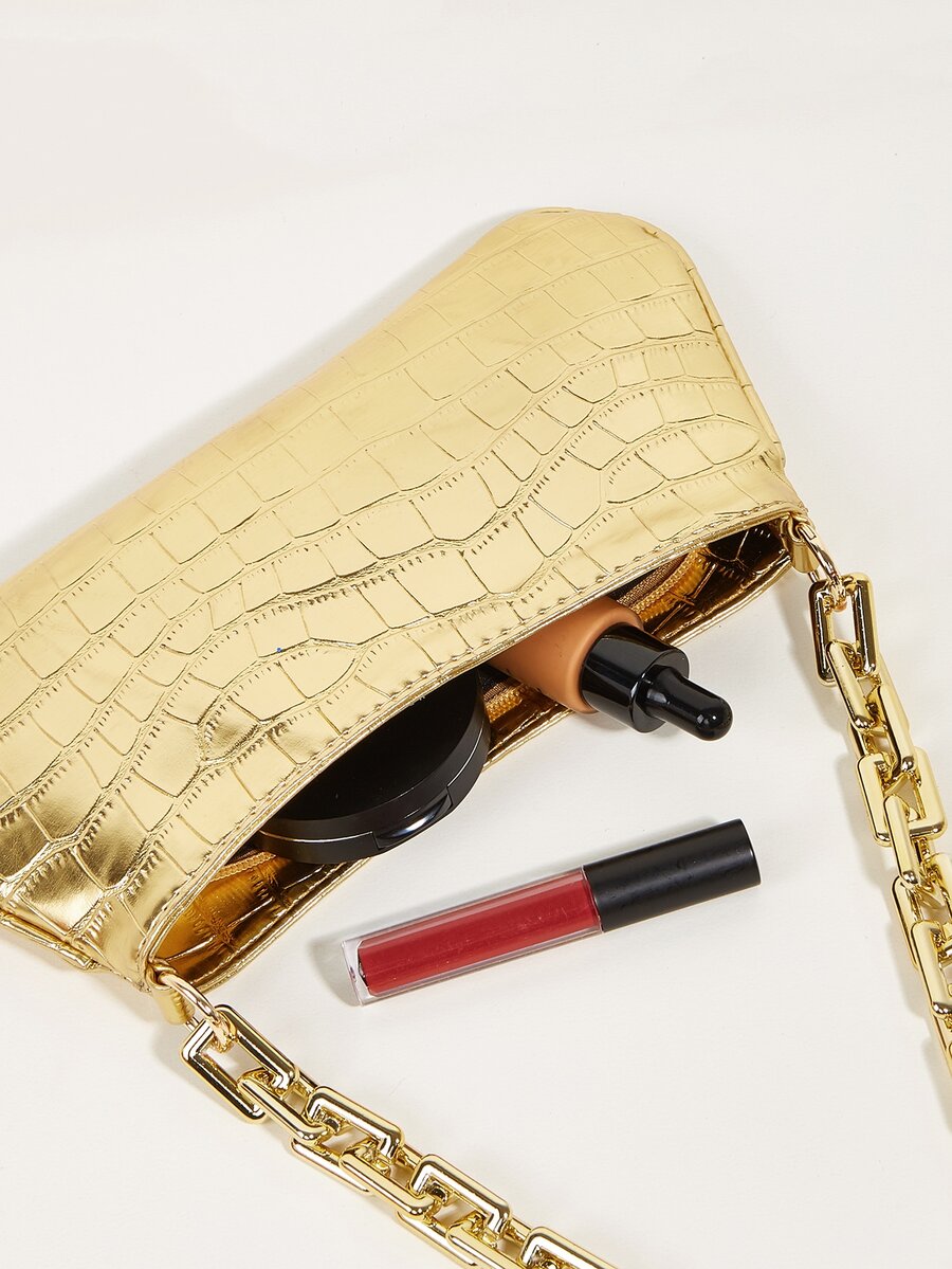 Neon Yellow Snake Skin Pattern Underarm Baguette Bag With Gold Chain Decor Bright Color Shoulder Purse Trendy Evening Party Handbag