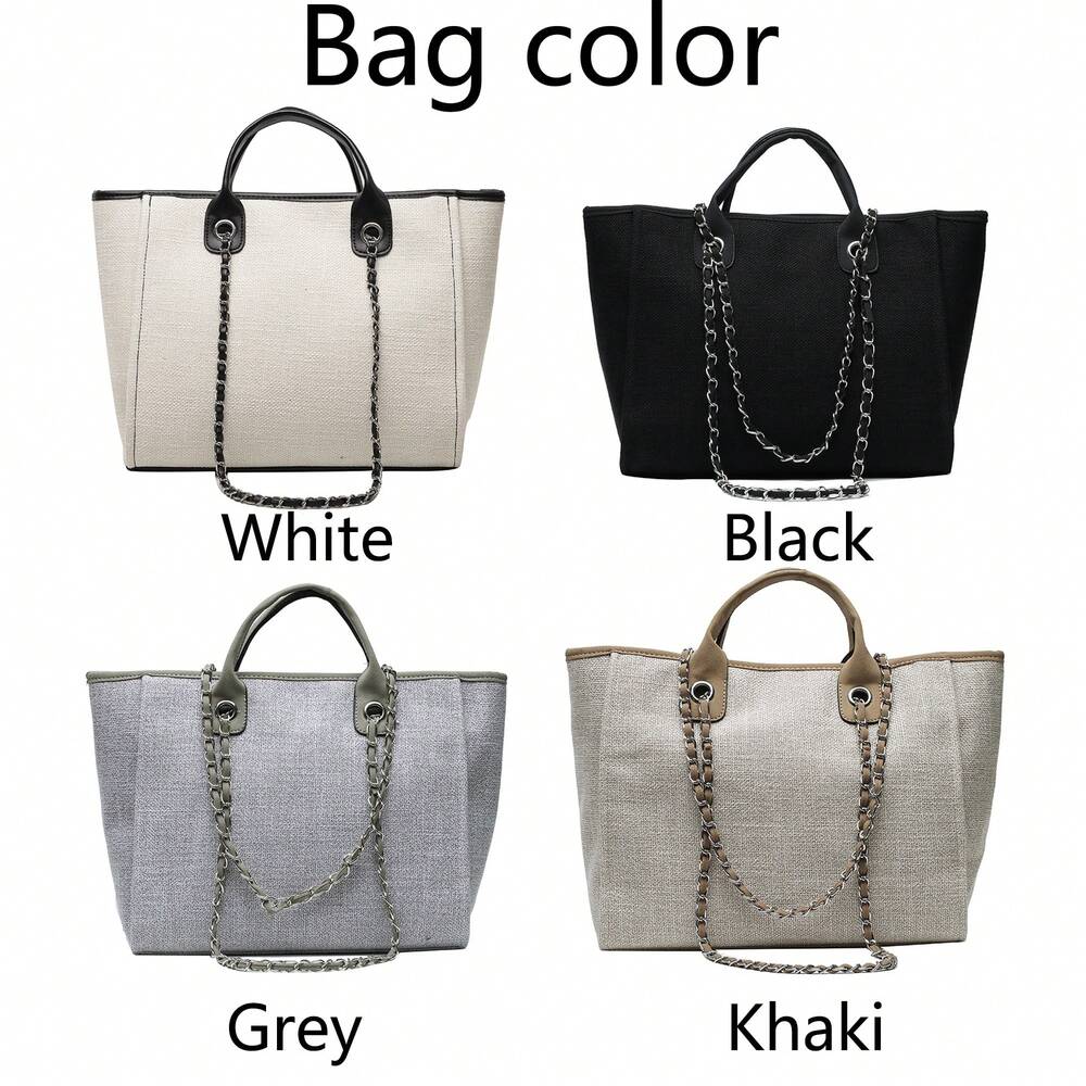 Women's Custom Monogram Canvas Tote Bag Light Grey Beige Chain Shoulder Purse Personalised Handbag Casual School Office Graduation Gift