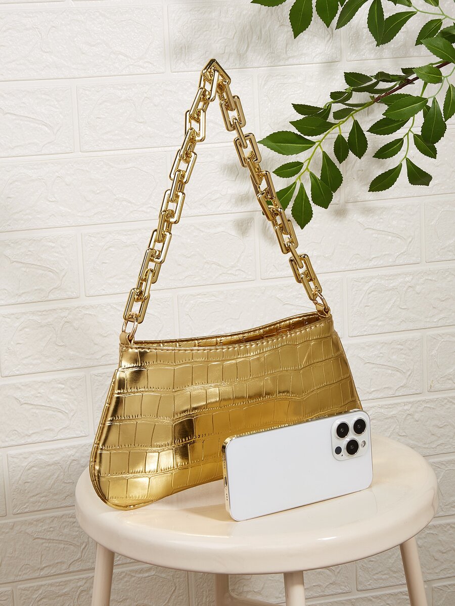 Neon Yellow Snake Skin Pattern Underarm Baguette Bag With Gold Chain Decor Bright Color Shoulder Purse Trendy Evening Party Handbag