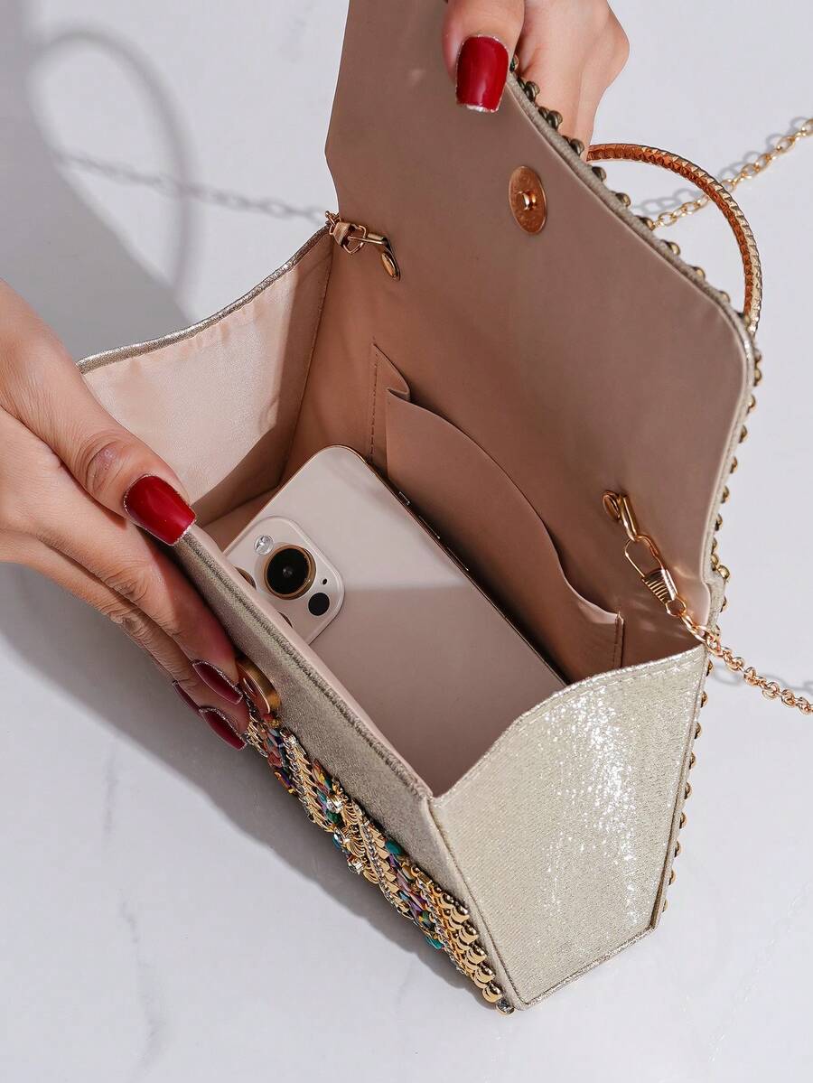 Glitter Beaded Patchwork Evening Clutch Elegant Cocktail Party Handbag Versatile Fashion Purse Formal Small Bag For Special Occasions