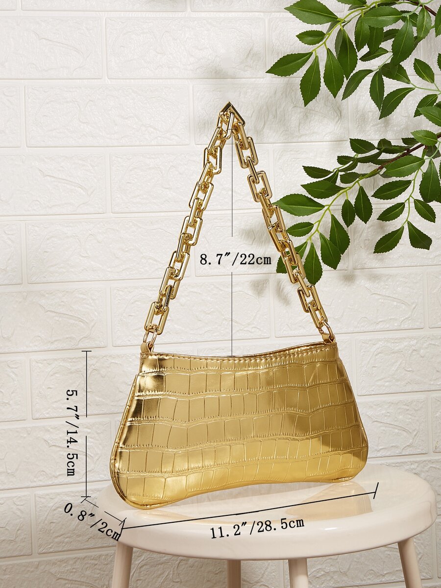 Neon Yellow Snake Skin Pattern Underarm Baguette Bag With Gold Chain Decor Bright Color Shoulder Purse Trendy Evening Party Handbag