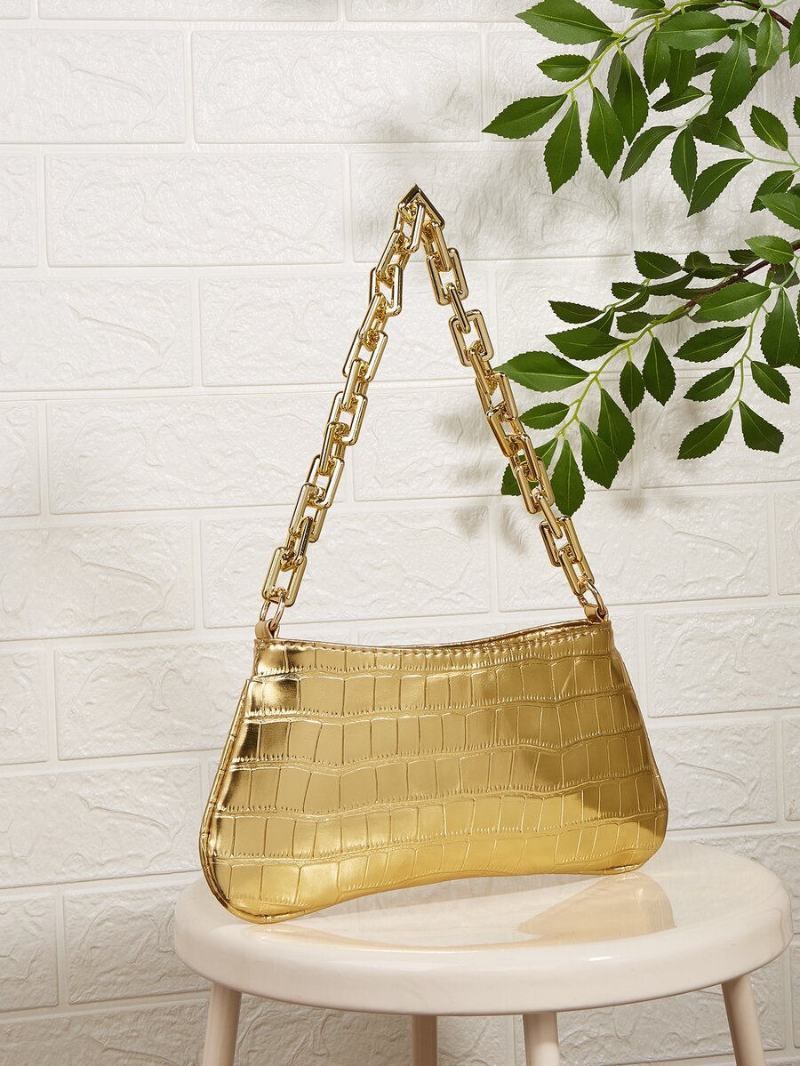 Neon Yellow Snake Skin Pattern Underarm Baguette Bag With Gold Chain Decor Bright Color Shoulder Purse Trendy Evening Party Handbag