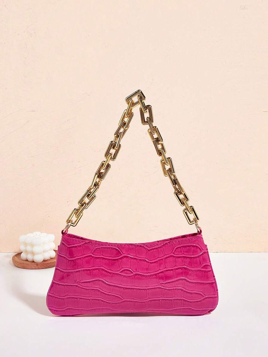 Neon Yellow Snake Skin Pattern Underarm Baguette Bag With Gold Chain Decor Bright Color Shoulder Purse Trendy Evening Party Handbag