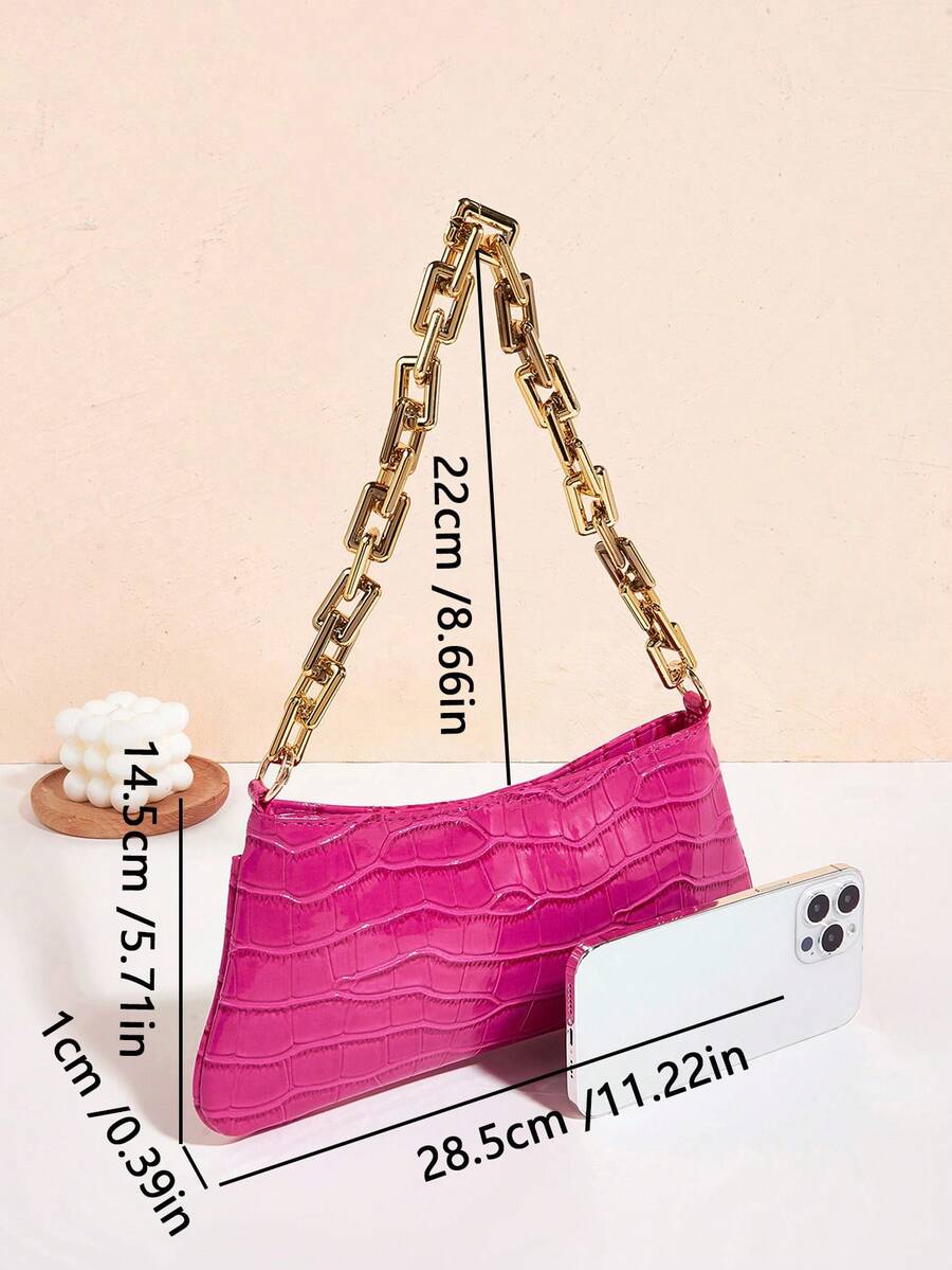Neon Yellow Snake Skin Pattern Underarm Baguette Bag With Gold Chain Decor Bright Color Shoulder Purse Trendy Evening Party Handbag
