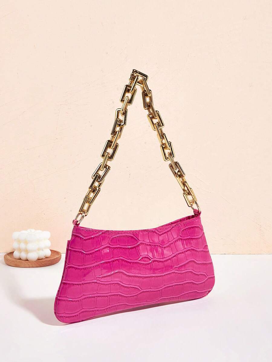 Neon Yellow Snake Skin Pattern Underarm Baguette Bag With Gold Chain Decor Bright Color Shoulder Purse Trendy Evening Party Handbag