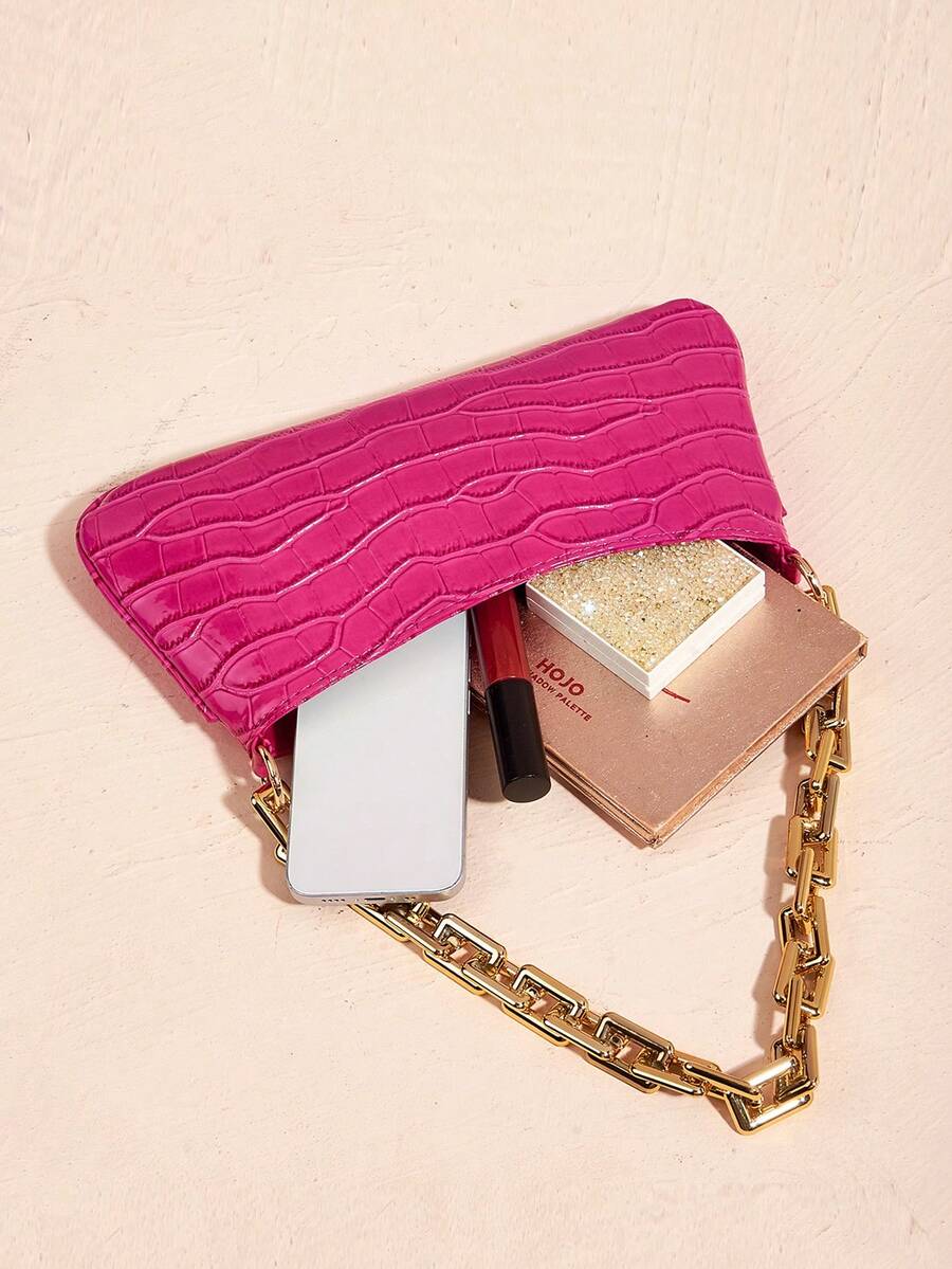 Neon Yellow Snake Skin Pattern Underarm Baguette Bag With Gold Chain Decor Bright Color Shoulder Purse Trendy Evening Party Handbag