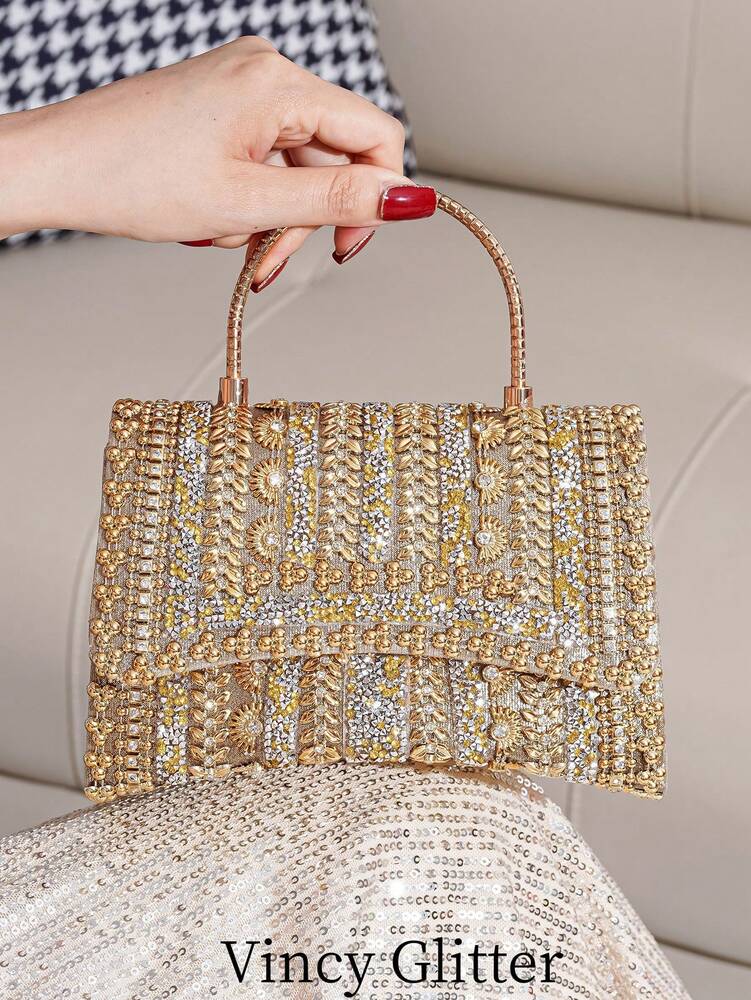Glitter Beaded Patchwork Evening Clutch Elegant Cocktail Party Handbag Versatile Fashion Purse Formal Small Bag For Special Occasions