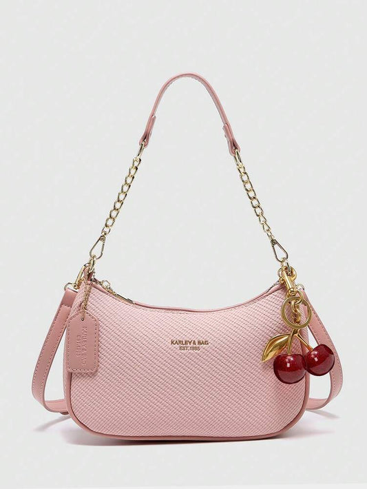 Women's Crescent Shoulder Bag With Letter Pattern PU Waterproof Fabric Summer Holiday Casual Underarm Purse With Cherry Pendant Decor