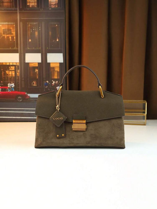 Women's Vintage Flap Envelope Handbag Faux Suede Fabric Mature Elegant Shoulder Purse With Nameplate Charm Minimalist Commuter Bag