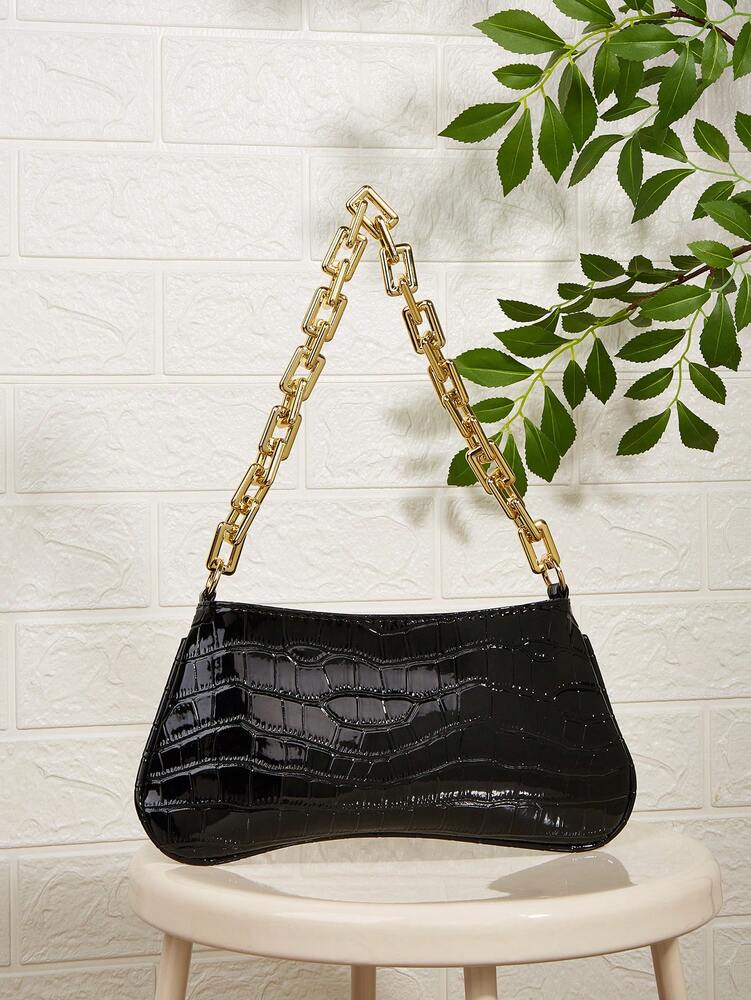 Neon Yellow Snake Skin Pattern Underarm Baguette Bag With Gold Chain Decor Bright Color Shoulder Purse Trendy Evening Party Handbag