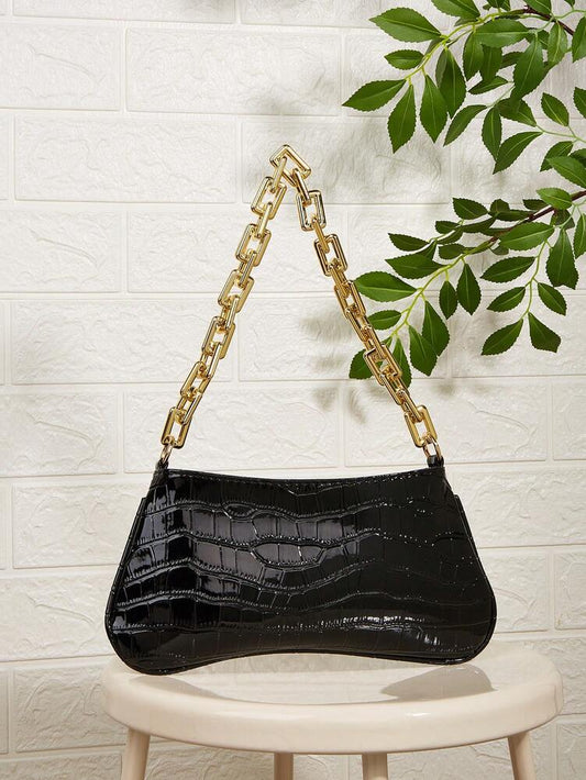 Neon Yellow Snake Skin Pattern Underarm Baguette Bag With Gold Chain Decor Bright Color Shoulder Purse Trendy Evening Party Handbag