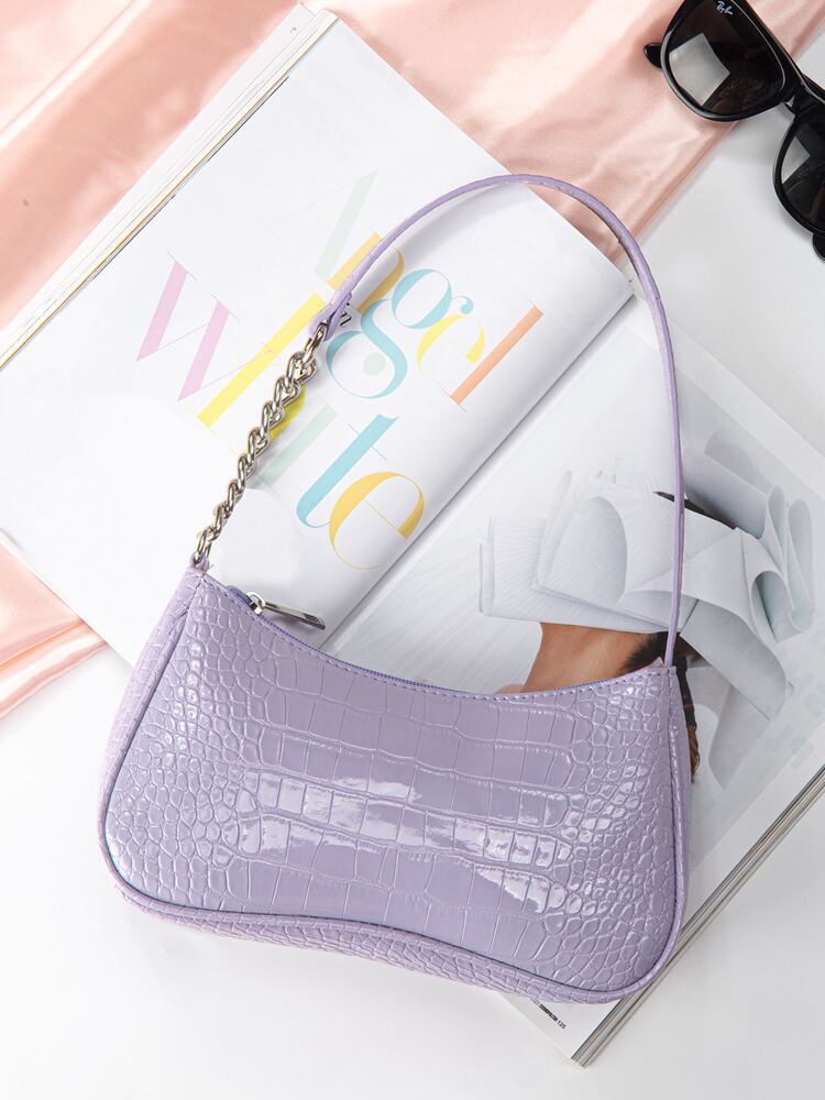 Mini Cosmetic Tote Bag Vegan Leather Waterproof Crocodile Embossed Shoulder Bag Casual Lightweight Business Work College Travel Purse