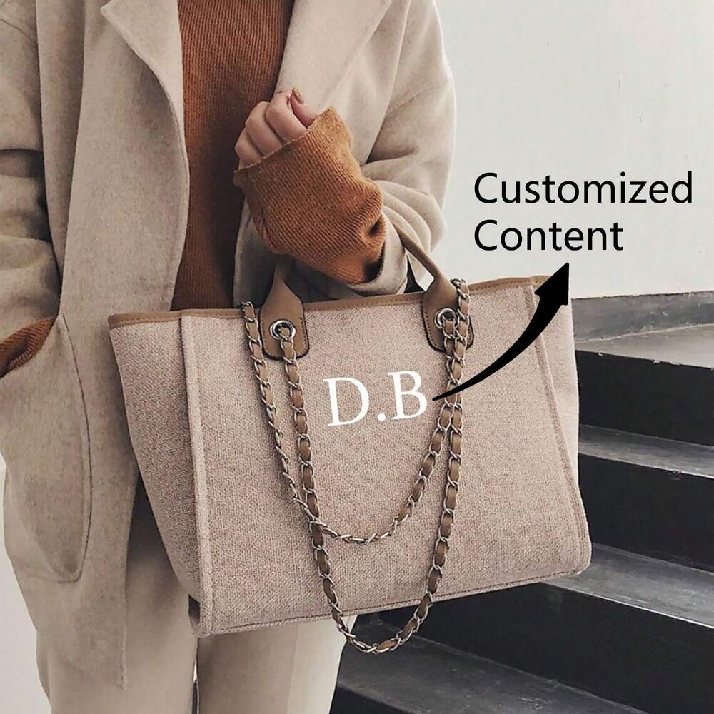 Women's Custom Monogram Canvas Tote Bag Light Grey Beige Chain Shoulder Purse Personalised Handbag Casual School Office Graduation Gift