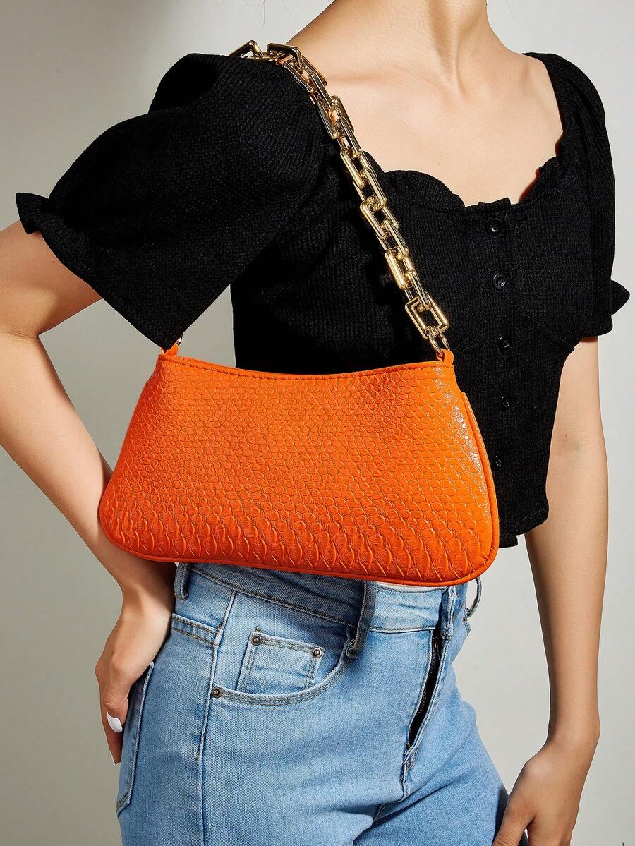 Neon Yellow Snake Skin Pattern Underarm Baguette Bag With Gold Chain Decor Bright Color Shoulder Purse Trendy Evening Party Handbag