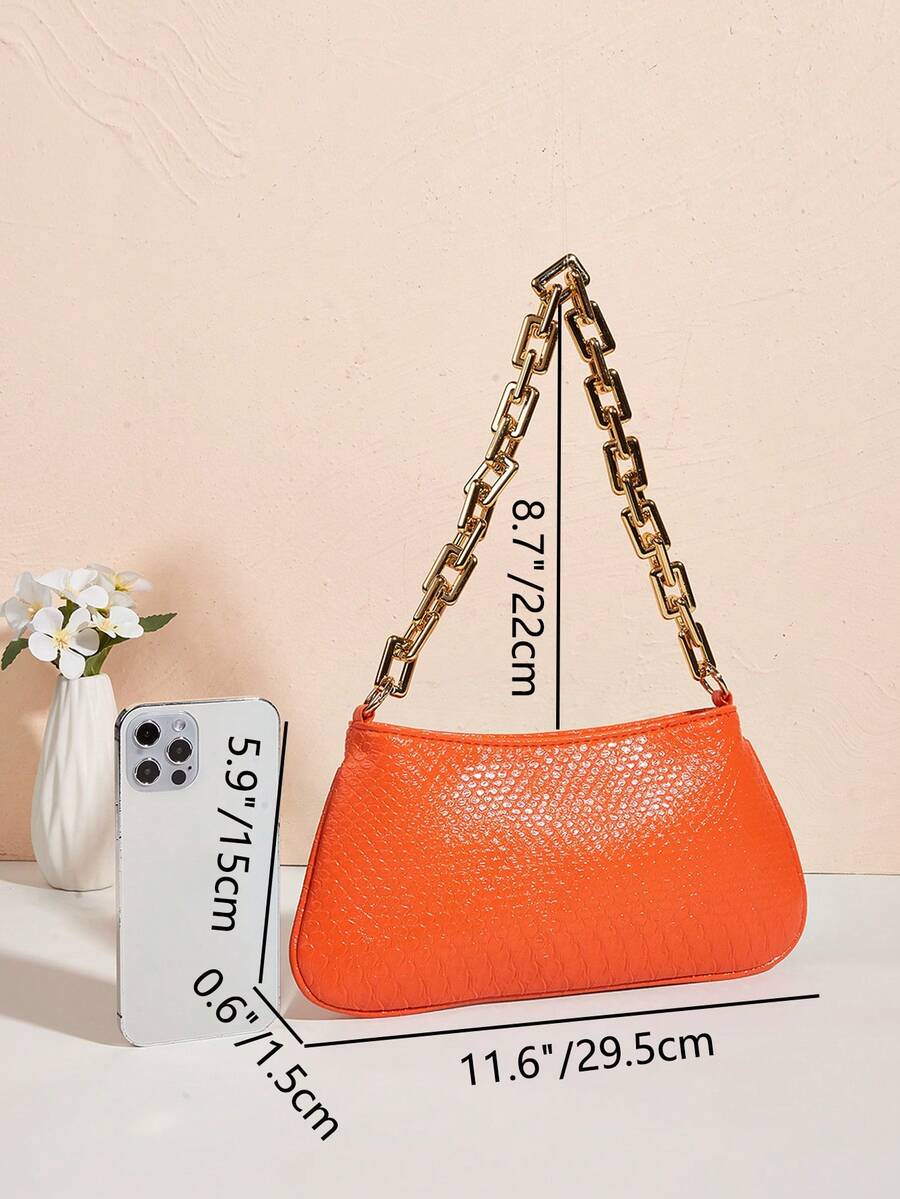 Neon Yellow Snake Skin Pattern Underarm Baguette Bag With Gold Chain Decor Bright Color Shoulder Purse Trendy Evening Party Handbag