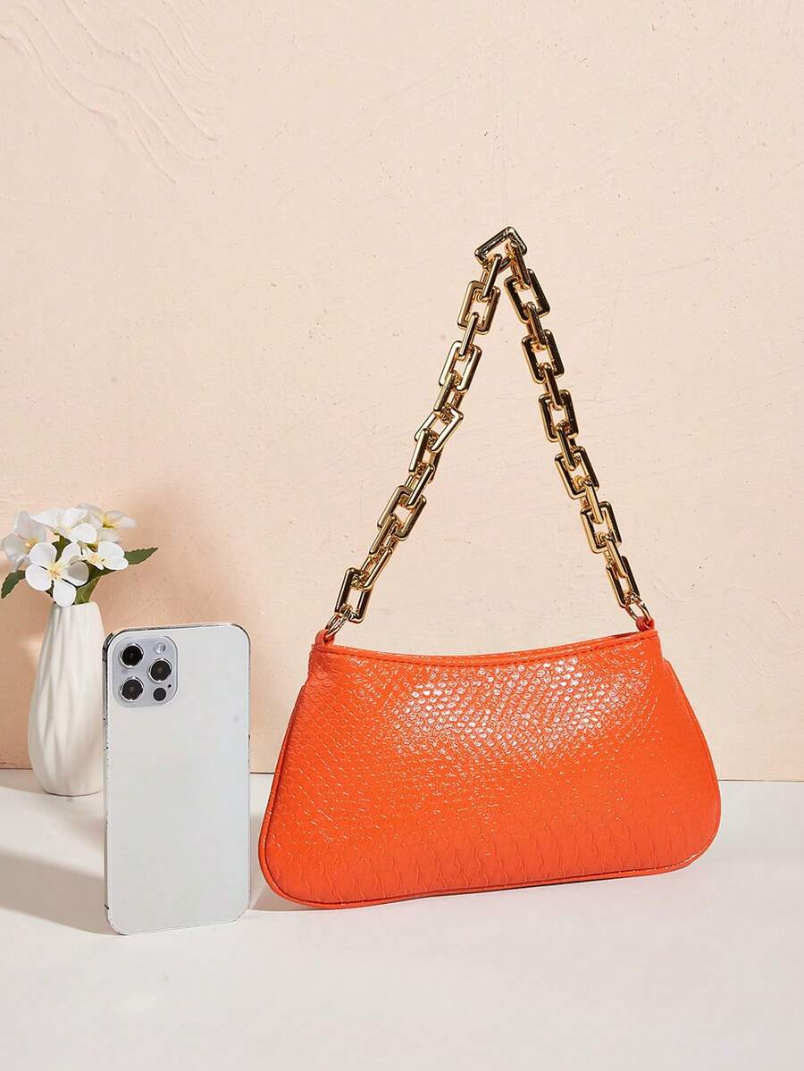 Neon Yellow Snake Skin Pattern Underarm Baguette Bag With Gold Chain Decor Bright Color Shoulder Purse Trendy Evening Party Handbag