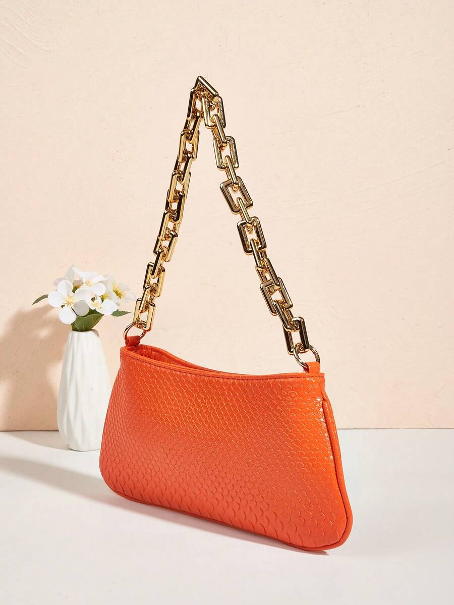 Neon Yellow Snake Skin Pattern Underarm Baguette Bag With Gold Chain Decor Bright Color Shoulder Purse Trendy Evening Party Handbag