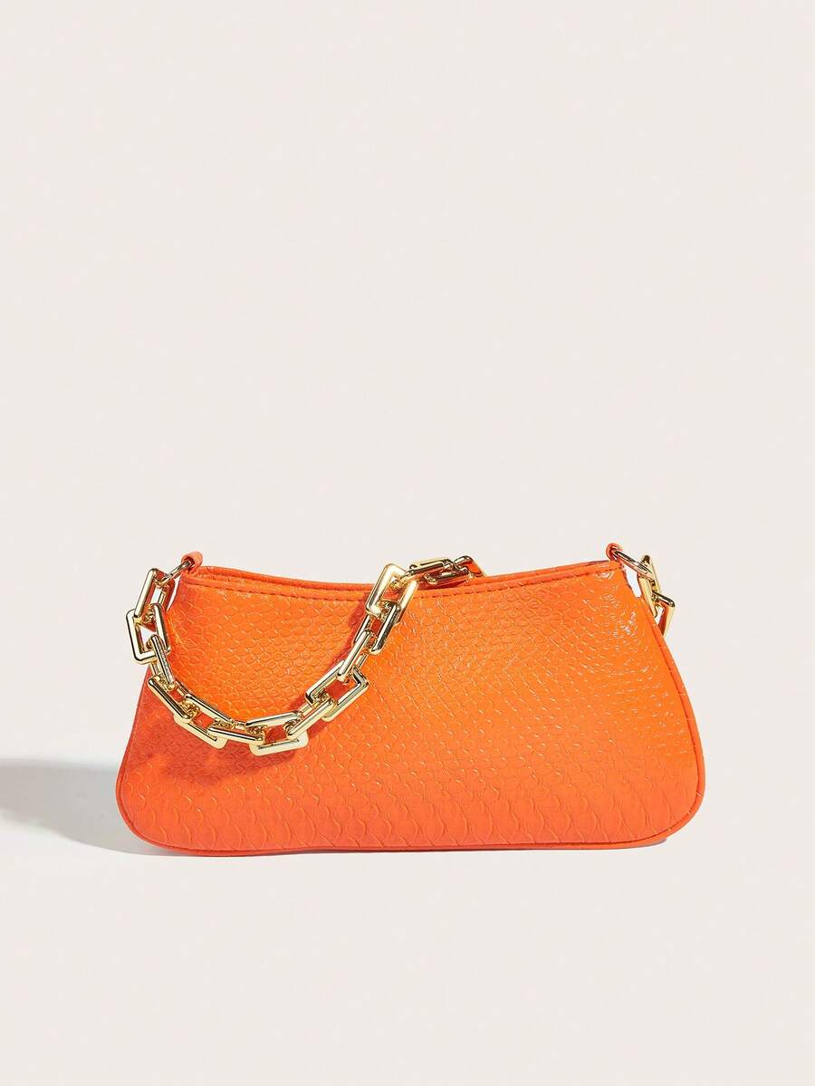 Neon Yellow Snake Skin Pattern Underarm Baguette Bag With Gold Chain Decor Bright Color Shoulder Purse Trendy Evening Party Handbag