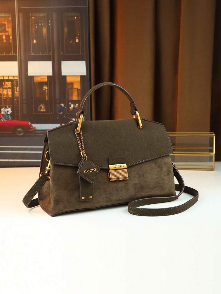 Women's Vintage Flap Envelope Handbag Faux Suede Fabric Mature Elegant Shoulder Purse With Nameplate Charm Minimalist Commuter Bag