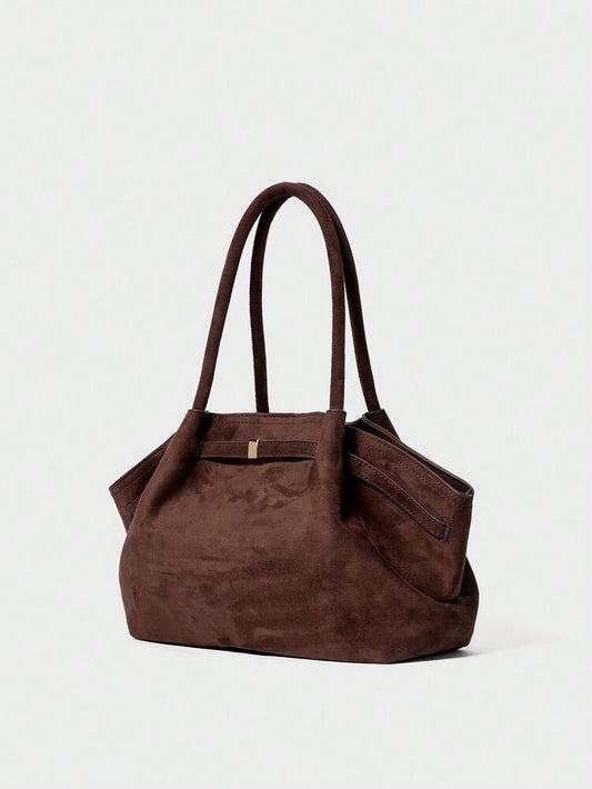Faux Suede Tote Bag Large Capacity Solid Color Vintage Style Elegant Handbag Work Office Casual Shoulder Purse Autumn Winter Fashion