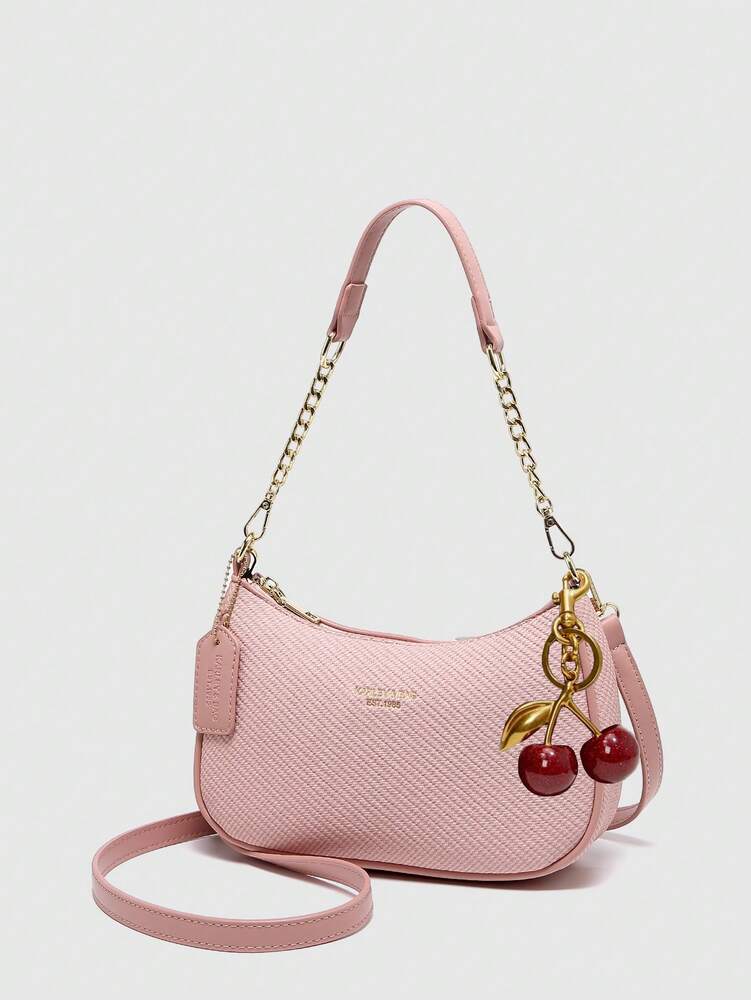 Women's Crescent Shoulder Bag With Letter Pattern PU Waterproof Fabric Summer Holiday Casual Underarm Purse With Cherry Pendant Decor