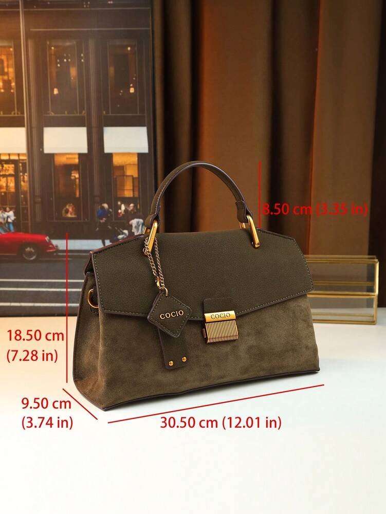 Women's Vintage Flap Envelope Handbag Faux Suede Fabric Mature Elegant Shoulder Purse With Nameplate Charm Minimalist Commuter Bag