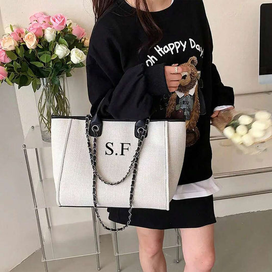 Women's Custom Monogram Canvas Tote Bag Light Grey Beige Chain Shoulder Purse Personalised Handbag Casual School Office Graduation Gift