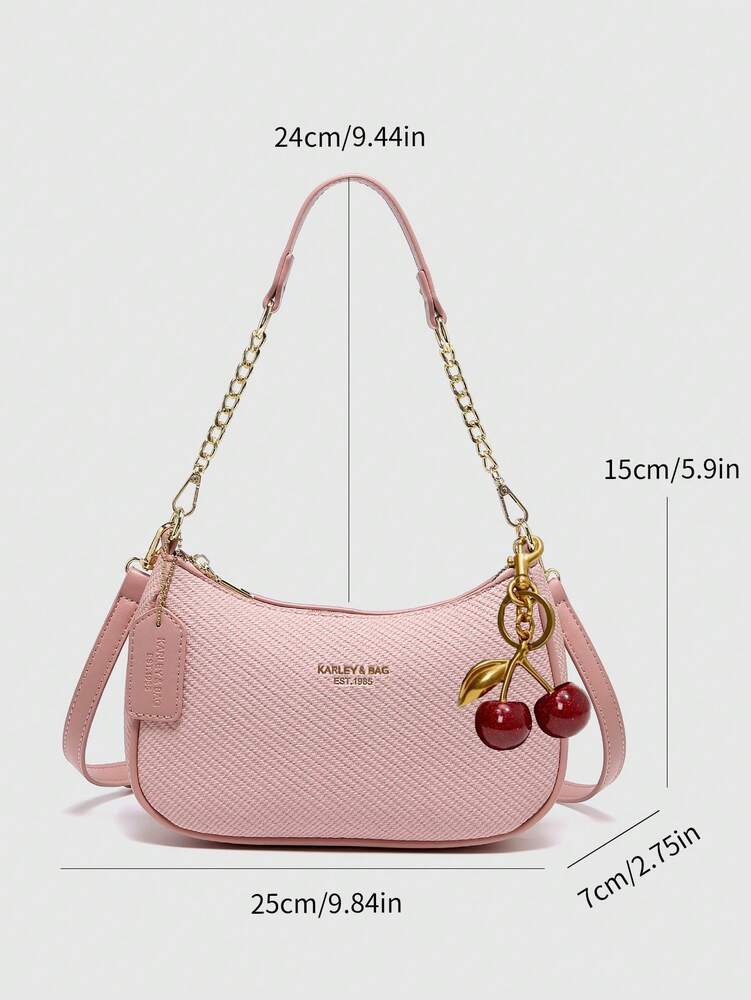 Women's Crescent Shoulder Bag With Letter Pattern PU Waterproof Fabric Summer Holiday Casual Underarm Purse With Cherry Pendant Decor