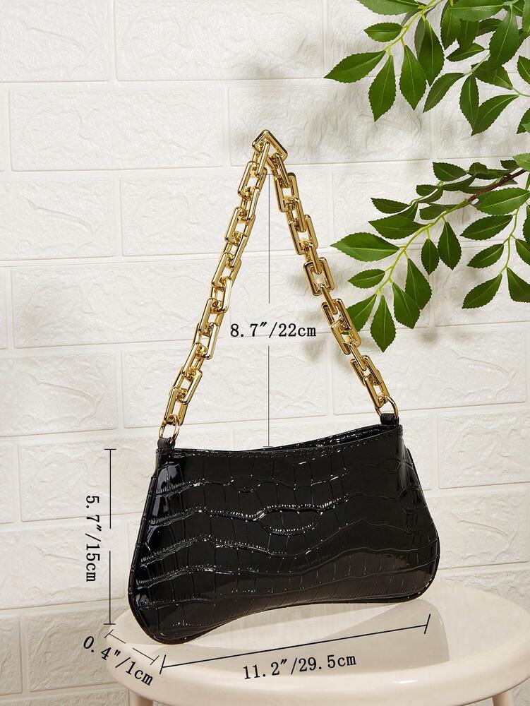 Neon Yellow Snake Skin Pattern Underarm Baguette Bag With Gold Chain Decor Bright Color Shoulder Purse Trendy Evening Party Handbag