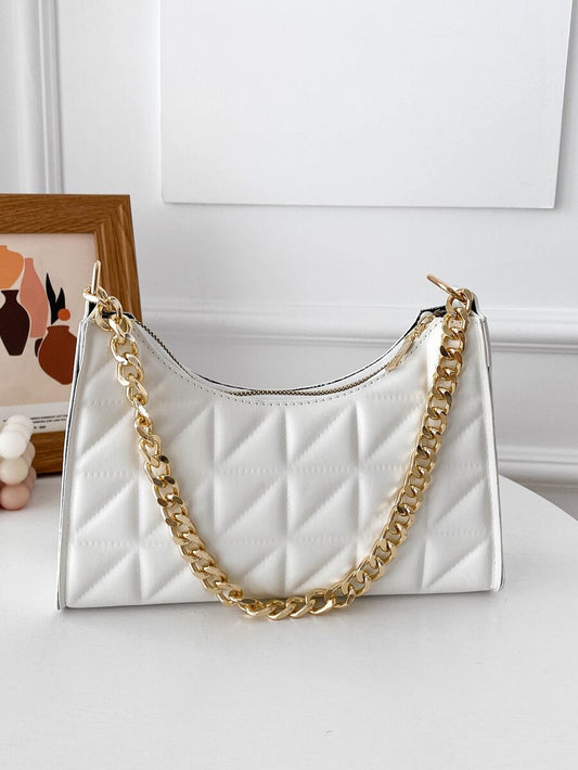Minimalist French Style Patent Leather Underarm Bag Candy Color Chain Decor Baguette Handbag Fashion Small Shoulder Purse Elegant Tote
