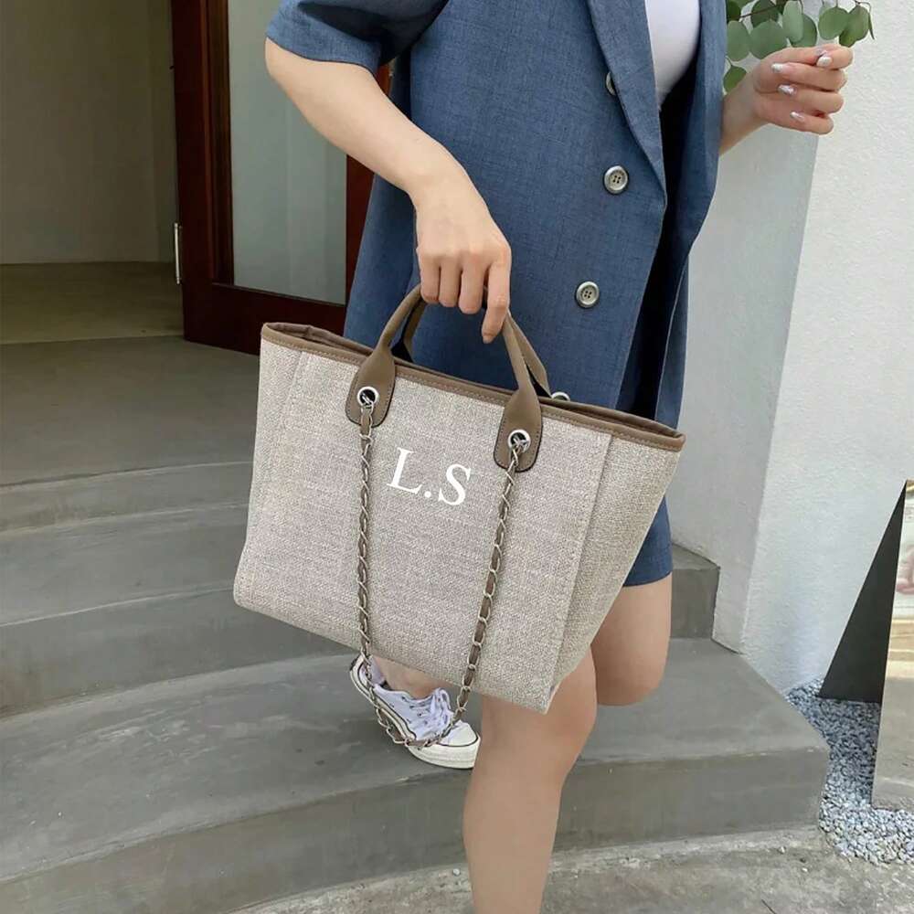 Women's Custom Monogram Canvas Tote Bag Light Grey Beige Chain Shoulder Purse Personalised Handbag Casual School Office Graduation Gift