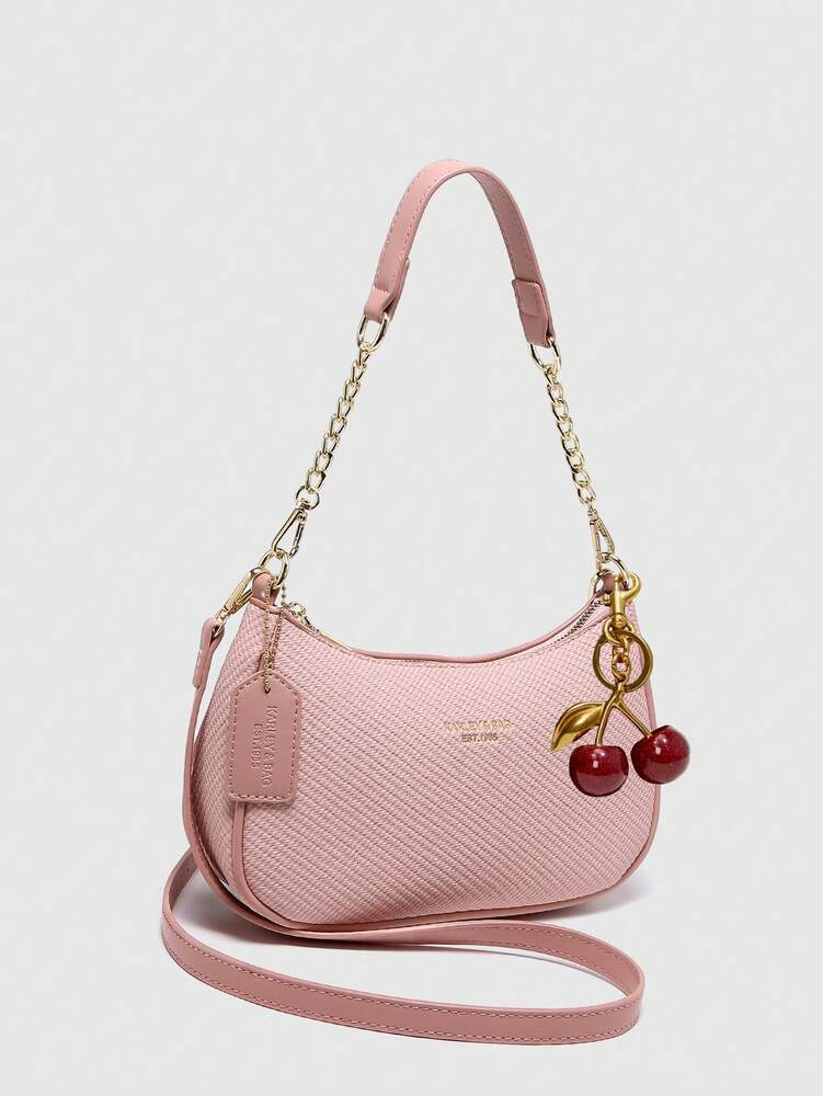 Women's Crescent Shoulder Bag With Letter Pattern PU Waterproof Fabric Summer Holiday Casual Underarm Purse With Cherry Pendant Decor