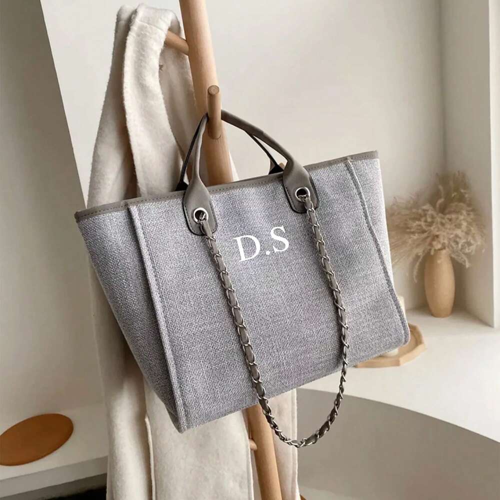 Women's Custom Monogram Canvas Tote Bag Light Grey Beige Chain Shoulder Purse Personalised Handbag Casual School Office Graduation Gift