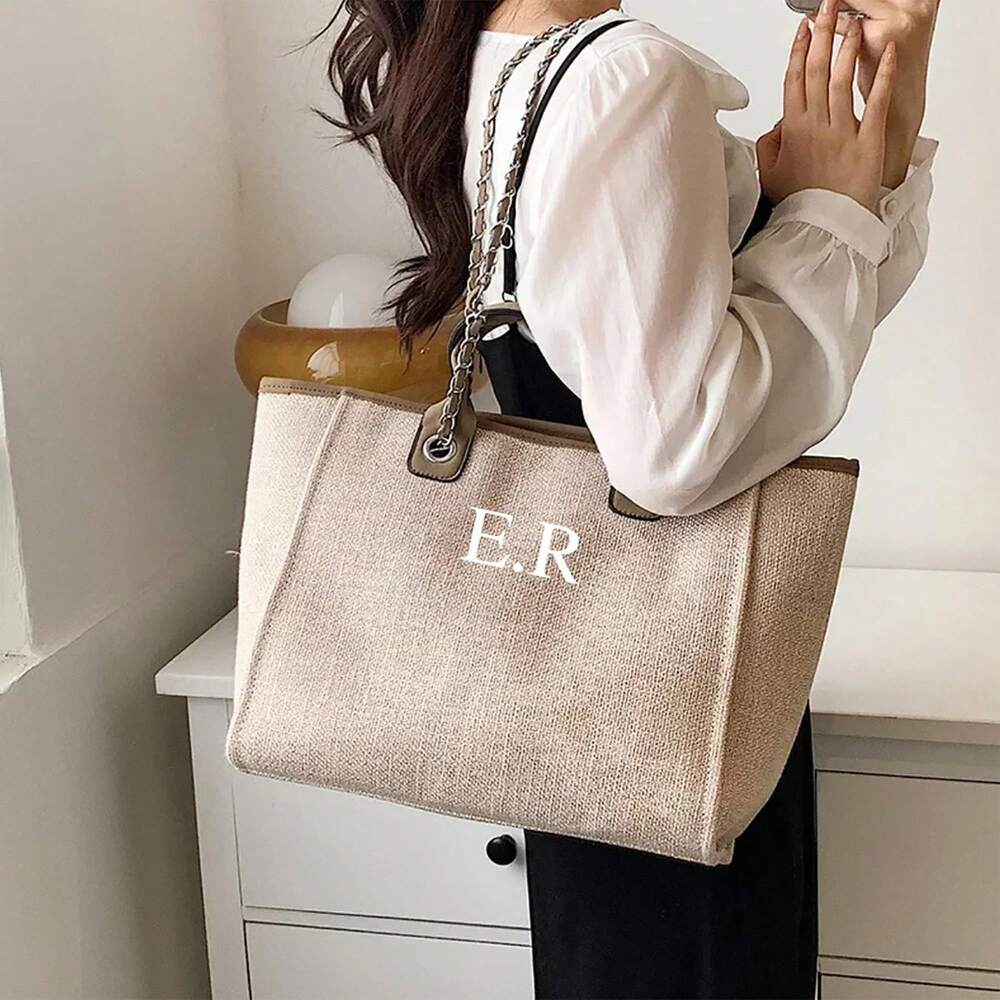Women's Custom Monogram Canvas Tote Bag Light Grey Beige Chain Shoulder Purse Personalised Handbag Casual School Office Graduation Gift