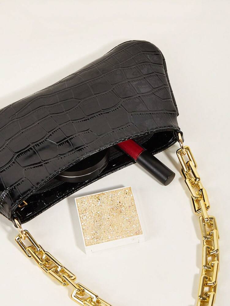 Neon Yellow Snake Skin Pattern Underarm Baguette Bag With Gold Chain Decor Bright Color Shoulder Purse Trendy Evening Party Handbag