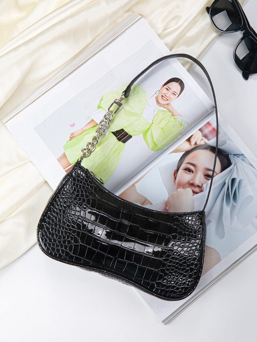 Mini Cosmetic Tote Bag Vegan Leather Waterproof Crocodile Embossed Shoulder Bag Casual Lightweight Business Work College Travel Purse