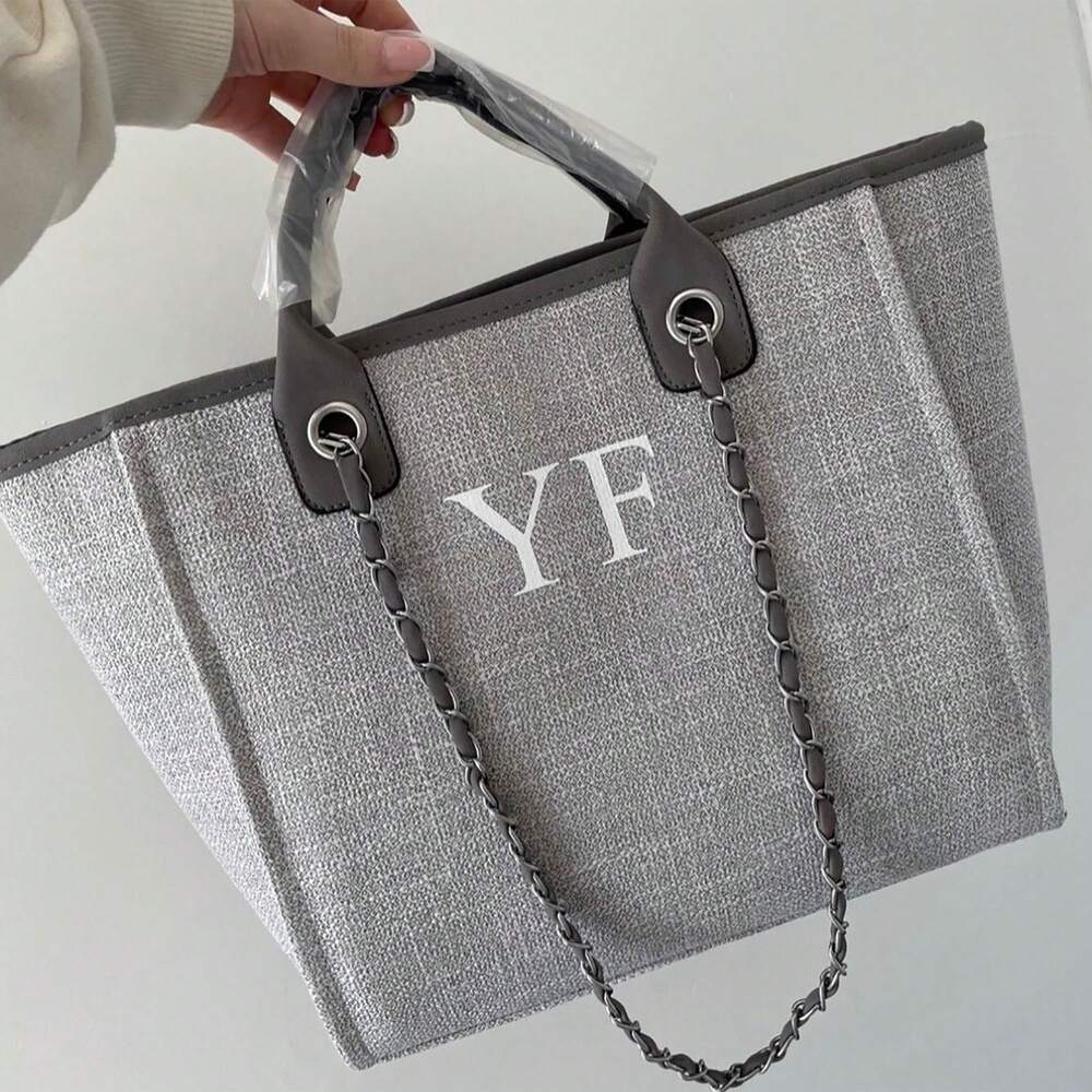 Women's Custom Monogram Canvas Tote Bag Light Grey Beige Chain Shoulder Purse Personalised Handbag Casual School Office Graduation Gift