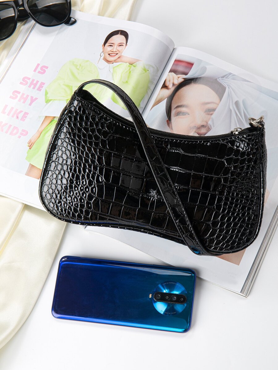 Mini Cosmetic Tote Bag Vegan Leather Waterproof Crocodile Embossed Shoulder Bag Casual Lightweight Business Work College Travel Purse