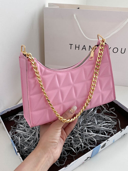 Minimalist French Style Patent Leather Underarm Bag Candy Color Chain Decor Baguette Handbag Fashion Small Shoulder Purse Elegant Tote