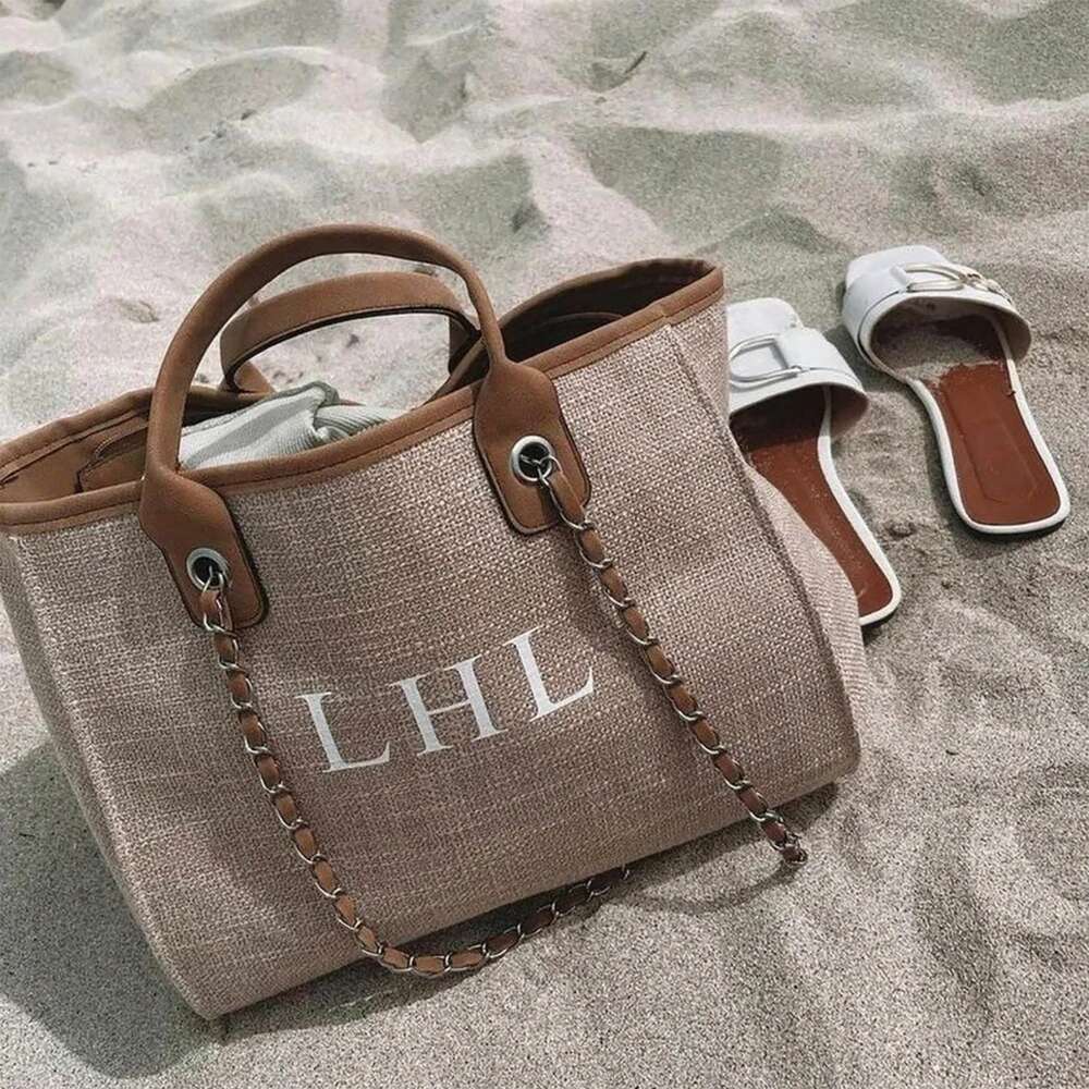 Women's Custom Monogram Canvas Tote Bag Light Grey Beige Chain Shoulder Purse Personalised Handbag Casual School Office Graduation Gift